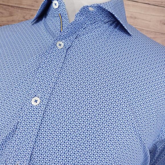 Bugatchi Shirt Mens 2XL Blue Geometric Shaped Fit Long Sleeve Button Up - Picture 2 of 9